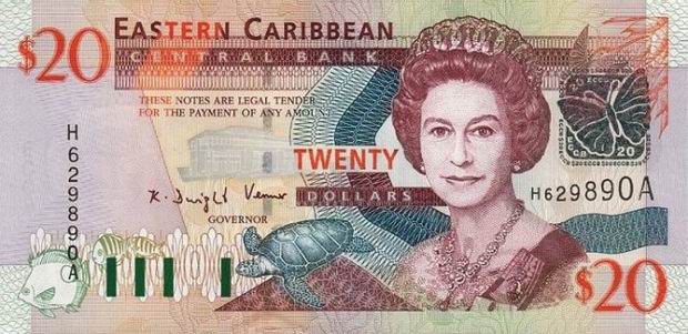 Купюра номиналом 20 восточнокарибских долларов, лицевая сторона